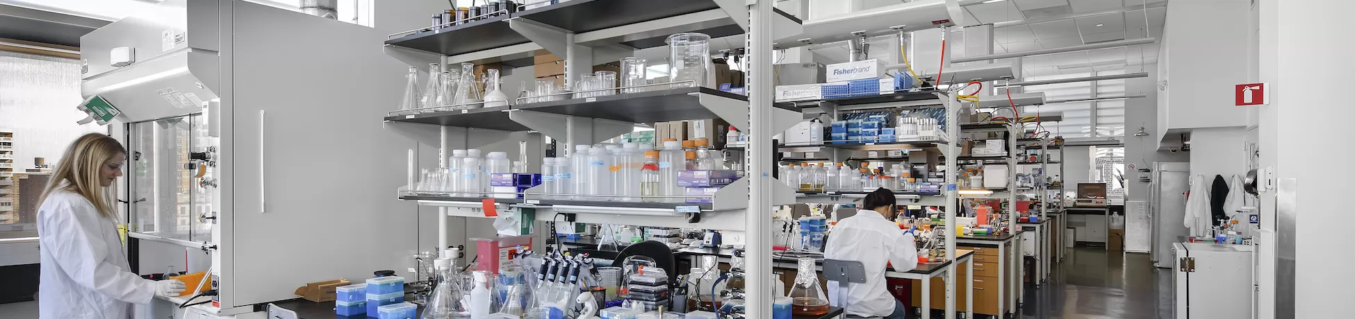 Bright, modern laboratory with long bench rows covered in beakers, pipettes, racks, and labeled containers; one researcher in a white lab coat works at a fume hood on the left while another sits at a bench farther back, with shelves of supplies and overhead utility lines running down the aisle.