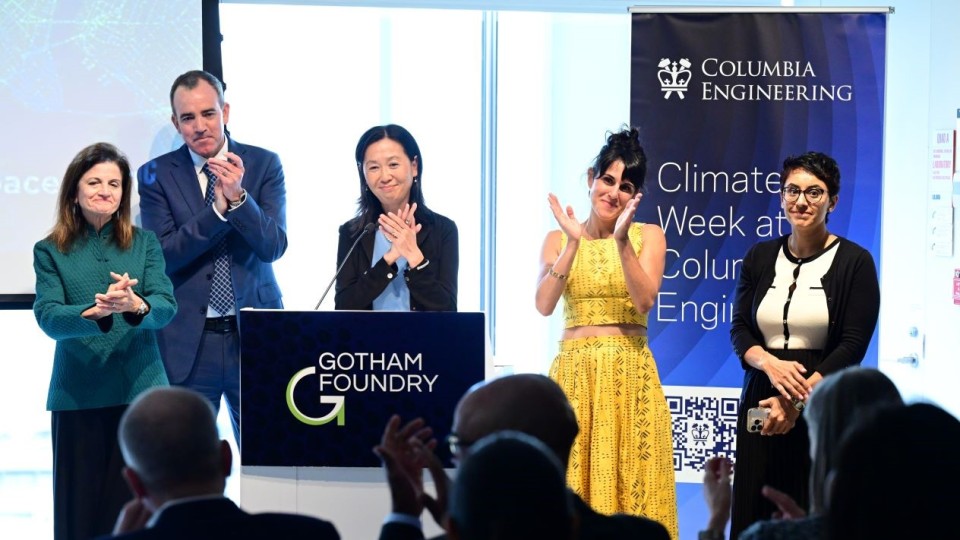 From left to right: Kate Ascher, co-director of Gotham Foundry (GF) and professor of practice of urban development at Columbia; Rein Ulijn, co-director of GF and founding director of the CUNY ASRC Nanoscience Initiative; Helen Lu, director of GF and Percy K. and Vida L.W. Hudson Professor of Biomedical Engineering; Theanne Schiros, co-director of GF and associate professor at FIT; and Neena Chakrabarti, board member at Genspace. 
