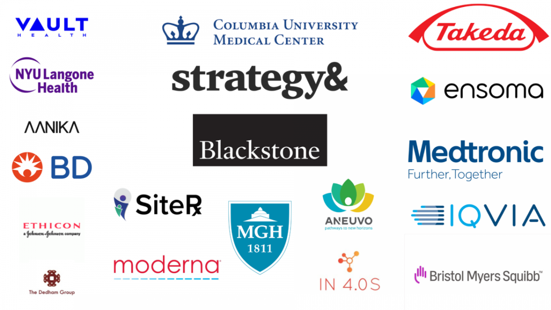 Collage of company and institution logos including Vault Health, Columbia University Medical Center, Takeda, NYU Langone Health, Strategy&, Ensoma, Blackstone, Medtronic, IQVIA, Moderna, Bristol Myers Squibb, and others.